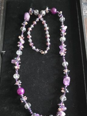 Amethyst-Accent Purple Beaded Necklace with Crystal Highlights